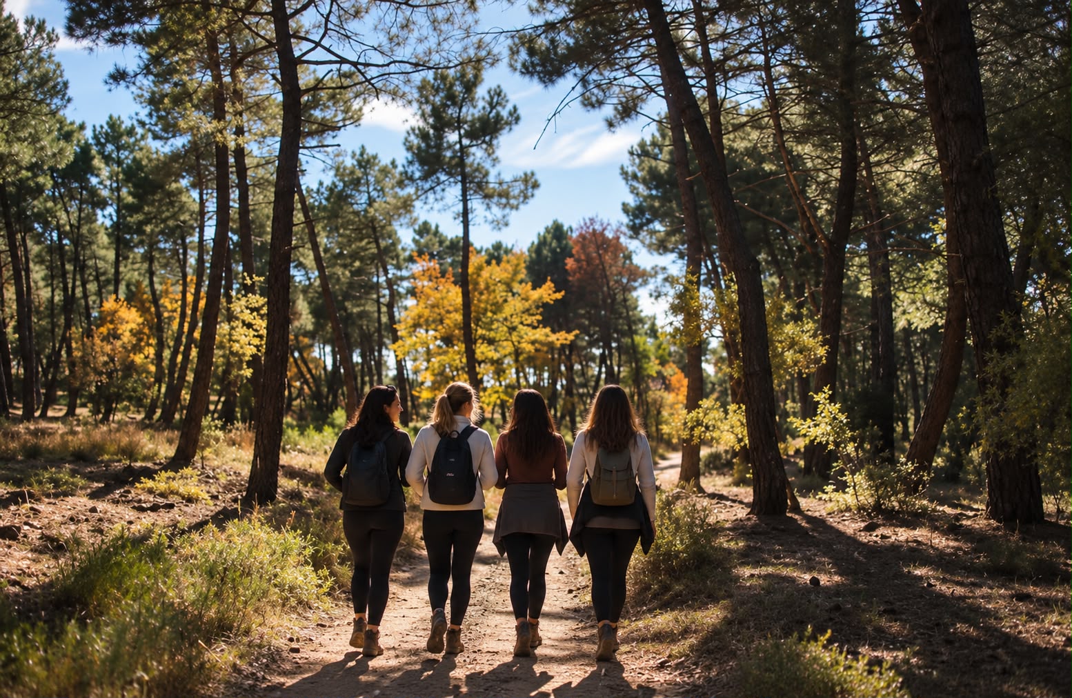Cuatro amigas paseando por un pinar