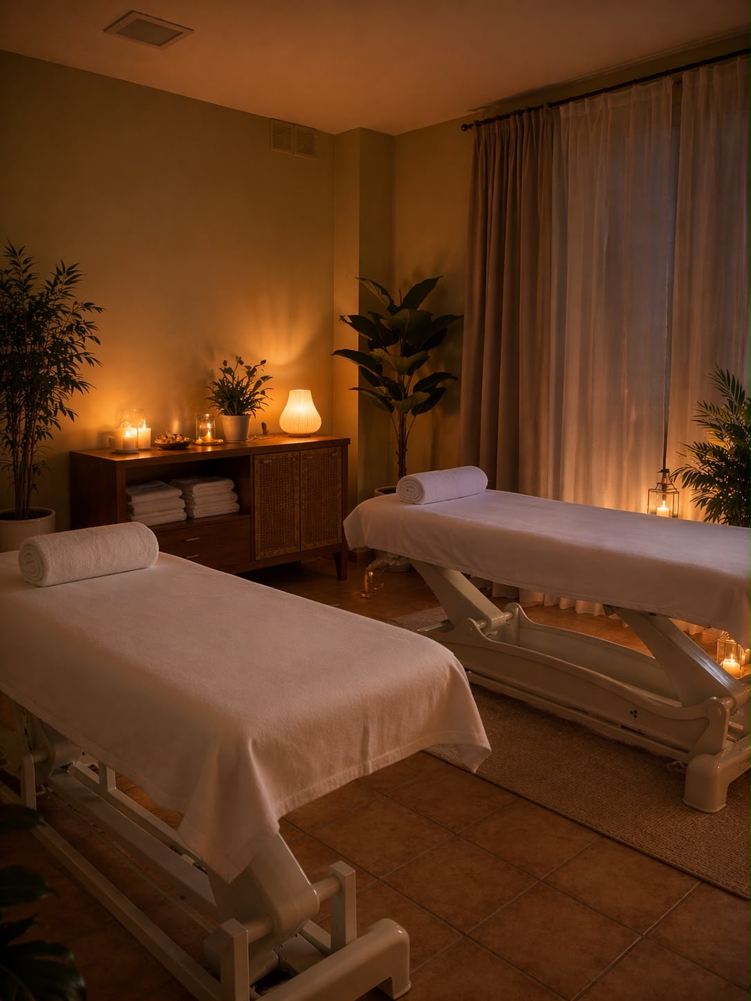 Sala de masajes de Vestigia con dos camillas e iluminación cálida